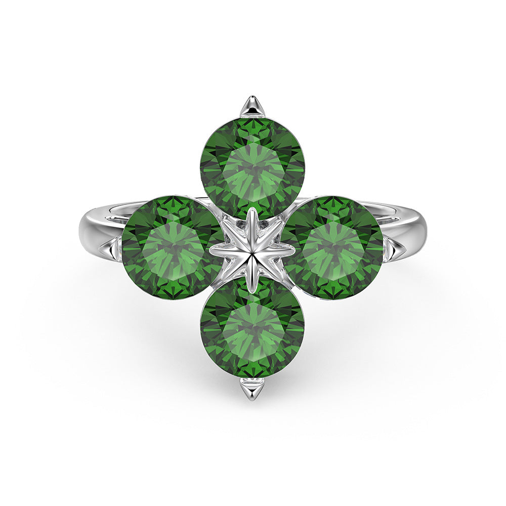Wholesale S925 Sterling Silver Green Four-leaf Clover Zircon Inlaid Ring